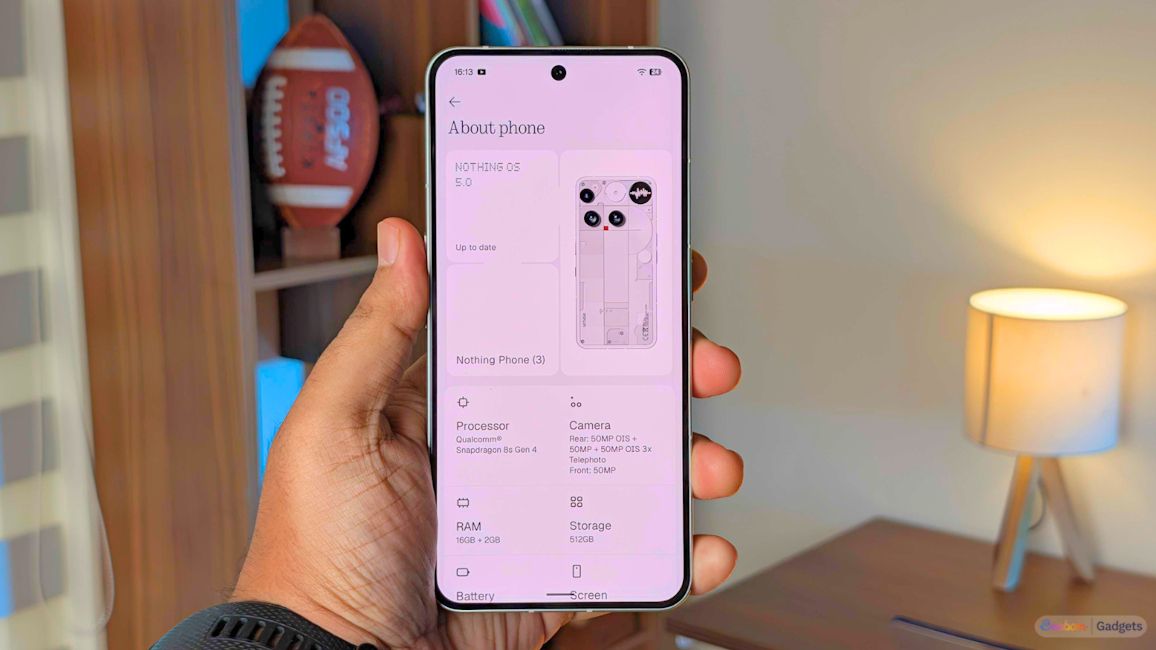 Nothing OS 5.0 about page open on the Nothing Phone 3
