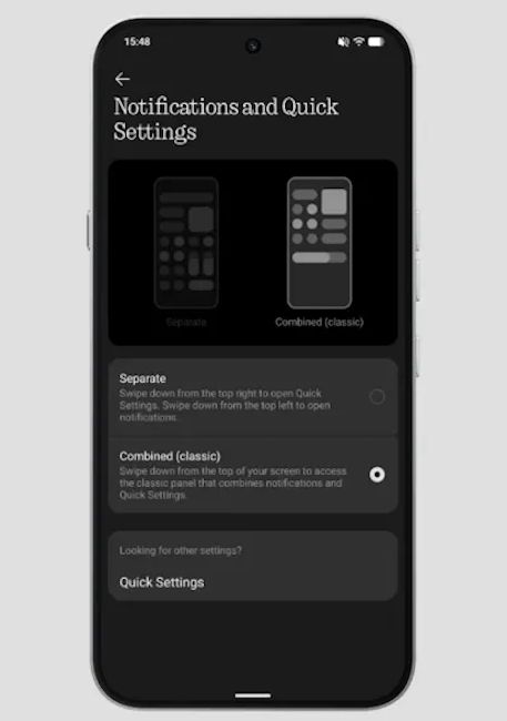 Nothing OS 5.0 new separate and combined settings for separating quick settings and notifications panel