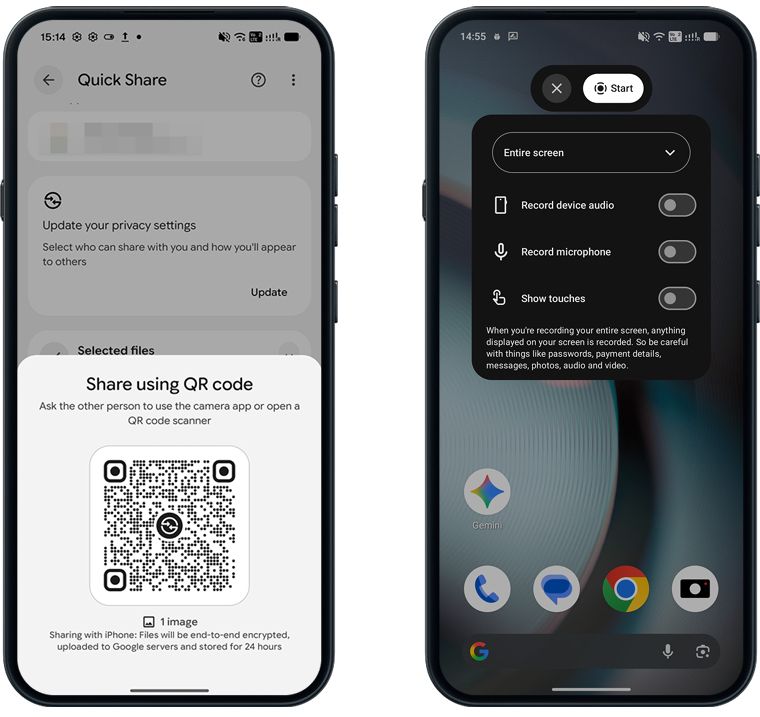 Nothing OS 5.0 Quick Share and refined screen recorder floating icon Android 17 features showcased