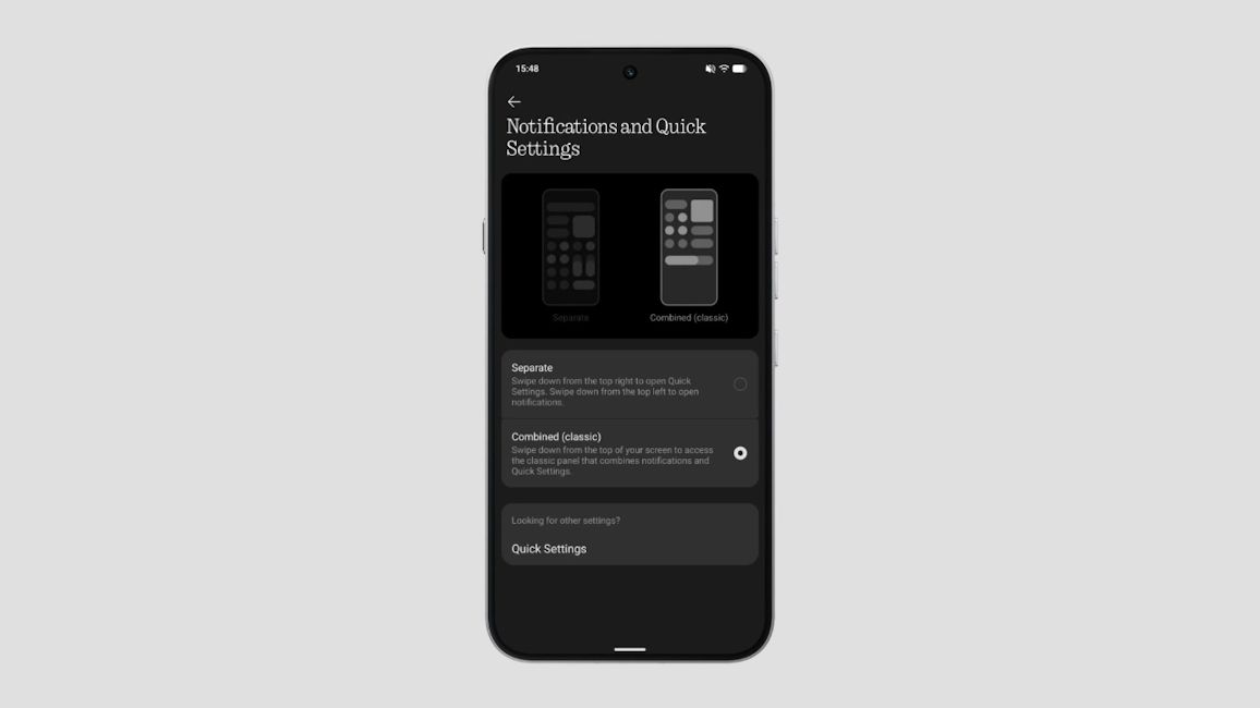 Nothing OS 5.0 separate and combined quick settings and notifications options showcased Nothing OS 5.0 separate and combined quick settings and notifications options showcased