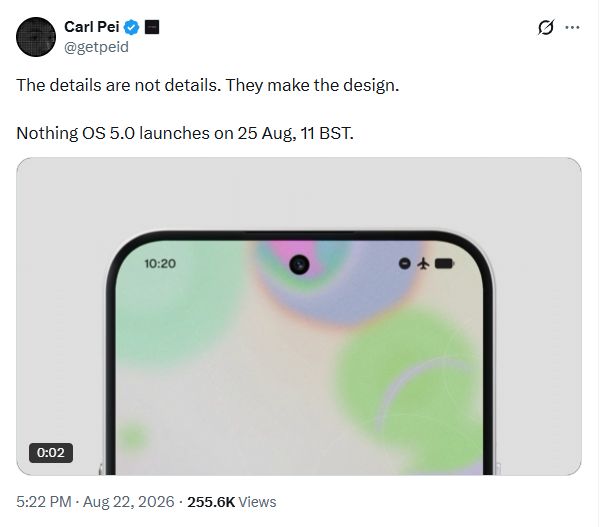 Nothing OS 5.0 status bar showcased in official X post screenshot
