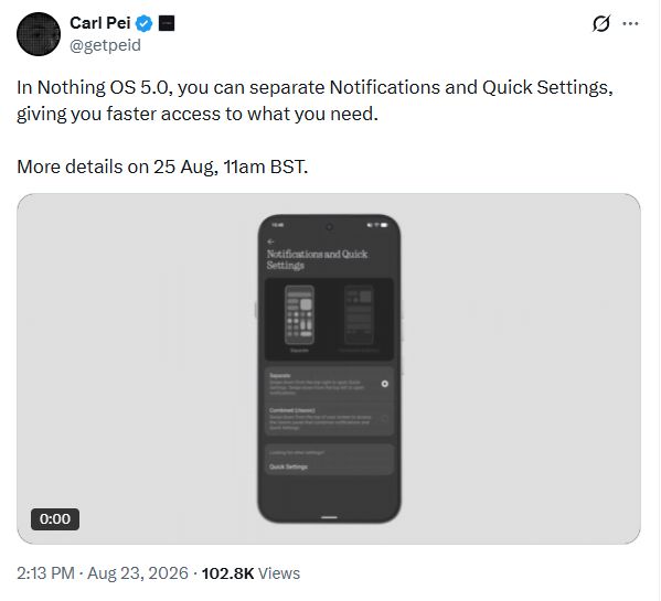 Nothing OS 5.0 separate notifications and quick settings split showcased in X post screenshot Nothing OS 5.0 separate notifications and quick settings split showcased in X post screenshot