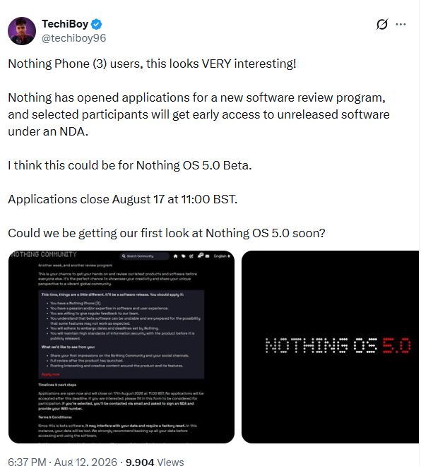 Screenshot of X post hinting at a new Nothing community review program to be early access to Nothing OS 5.0