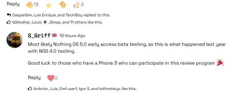 Screenshot of Nothing Community comment speculating a Nothing community review program to be early access to Nothing OS 5.0 for the Nothing Phone 3