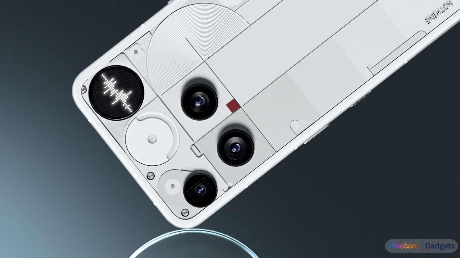 shot of the Nothing Phone 3 showing the back panel, cameras and Glyph Matrix in focus shot of the Nothing Phone 3 showing the back panel, cameras and Glyph Matrix in focus