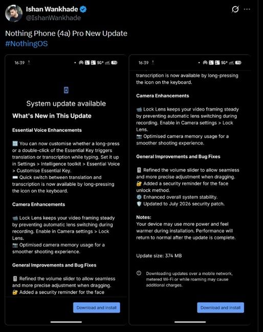 a screenshot from x showing new update coming to nothing phone 4a pro
