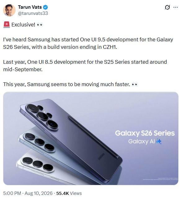 X post screenshot stating that Samsung Galaxy S26 One UI 9.5 internal testing has reported started