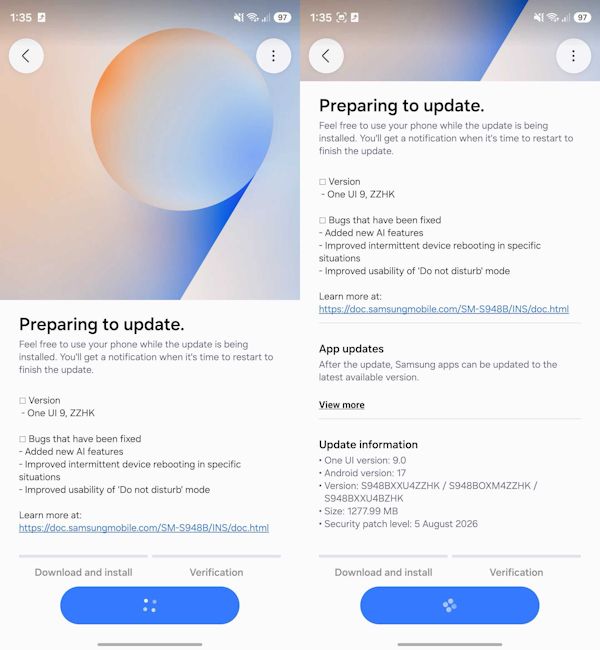 One UI 9 Beta 7 update page screenshot on the Galaxy S26