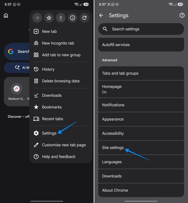screenshot from an android phone showing how to open site settings in chrome