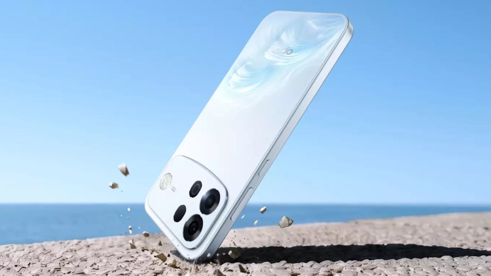 Oppo A7 Pro Max white colourway durability showcased in a graphic which showcases the phone hitting the ground Oppo A7 Pro Max white colourway durability showcased in a graphic which showcases the phone hitting the ground