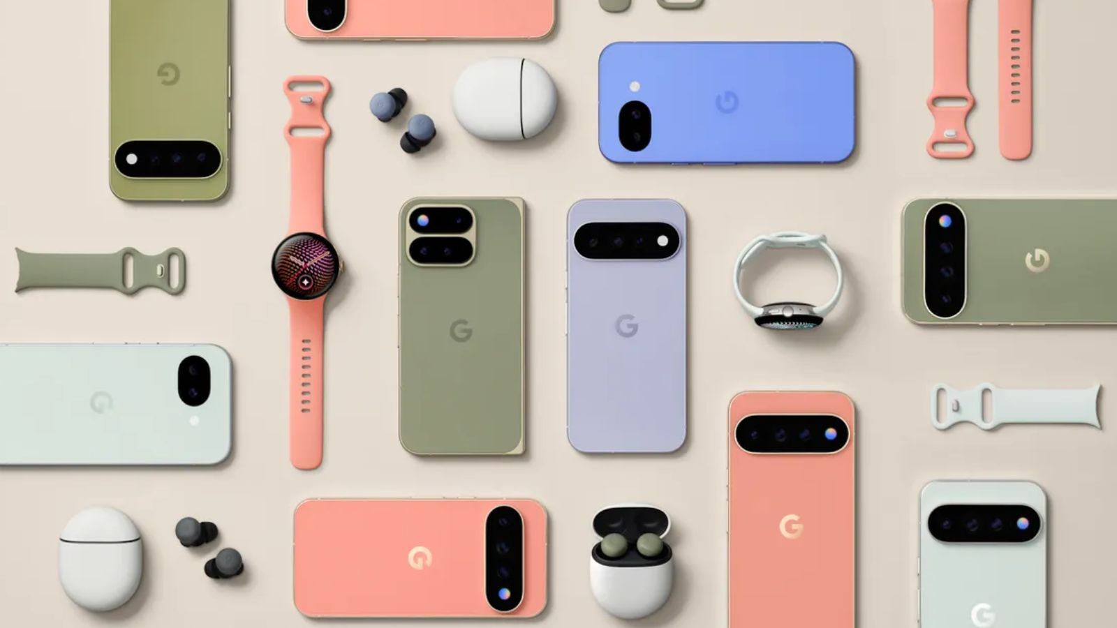 Image showcasing Pixel 10a, Pixel 11, Pixel 11 Pro/Pro XL, Pixel 11 Pro Fold, Pixel Watch 5 and Pixel Buds 2 Pro
