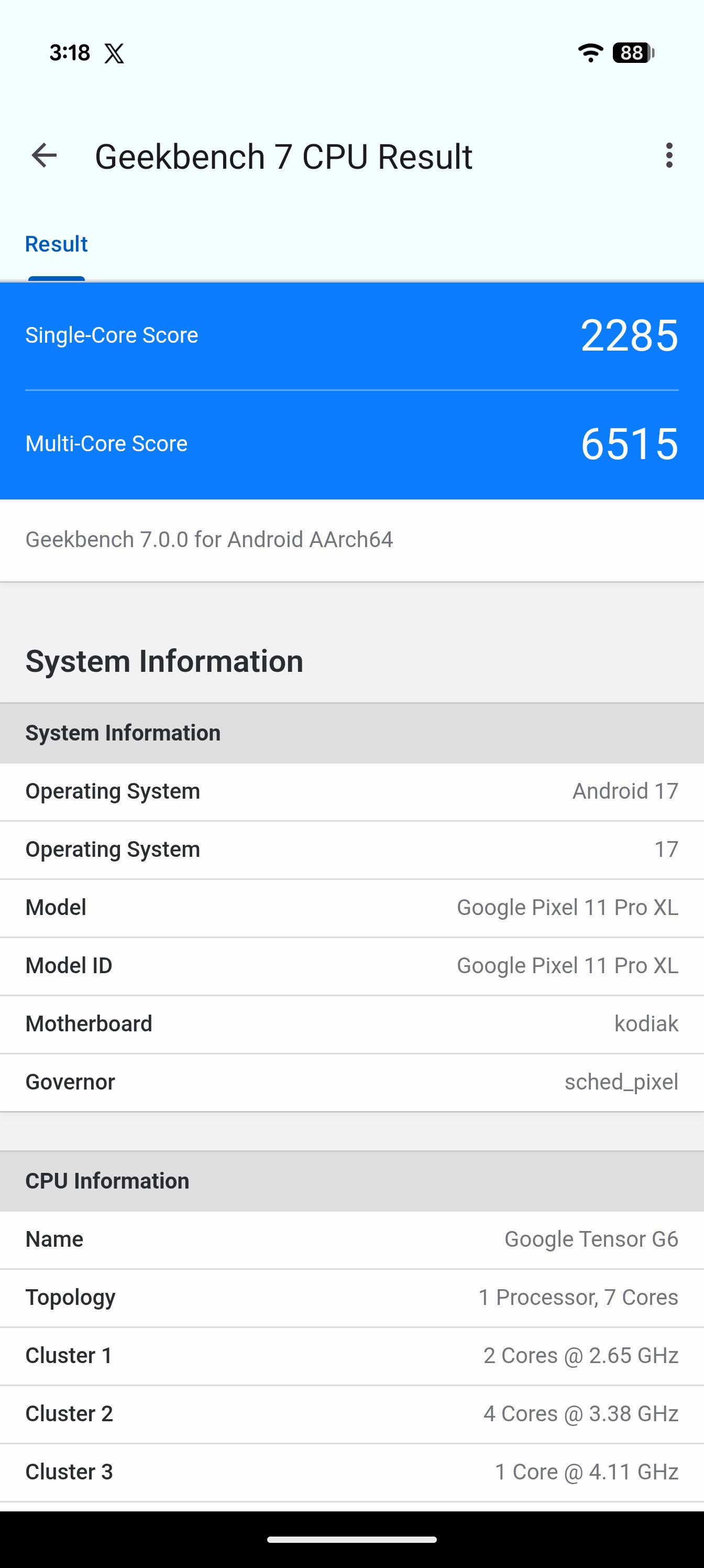 Pixel 11 Pro XL Geekbench 7 score