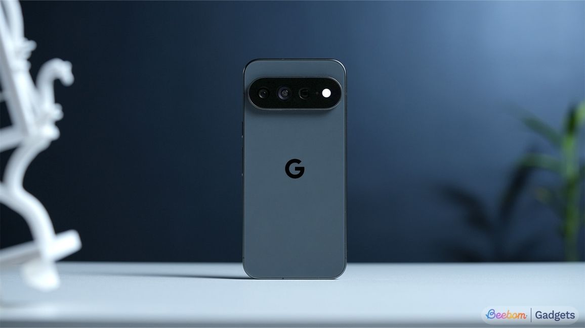shot of the Pixel 11 Pro XL standing upright on a desk showing the rear panel