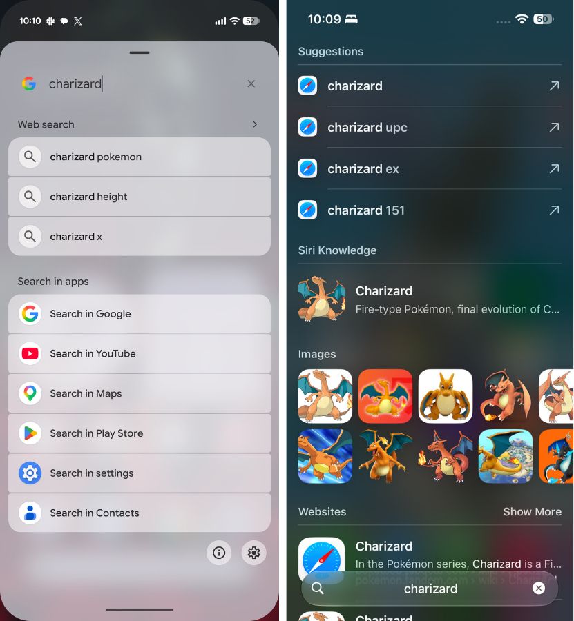 Pixel Search vs Spotlight Charizard search query results showcased