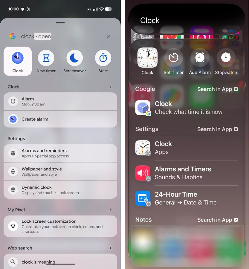 Pixel Search and Spotlight clock settings search query