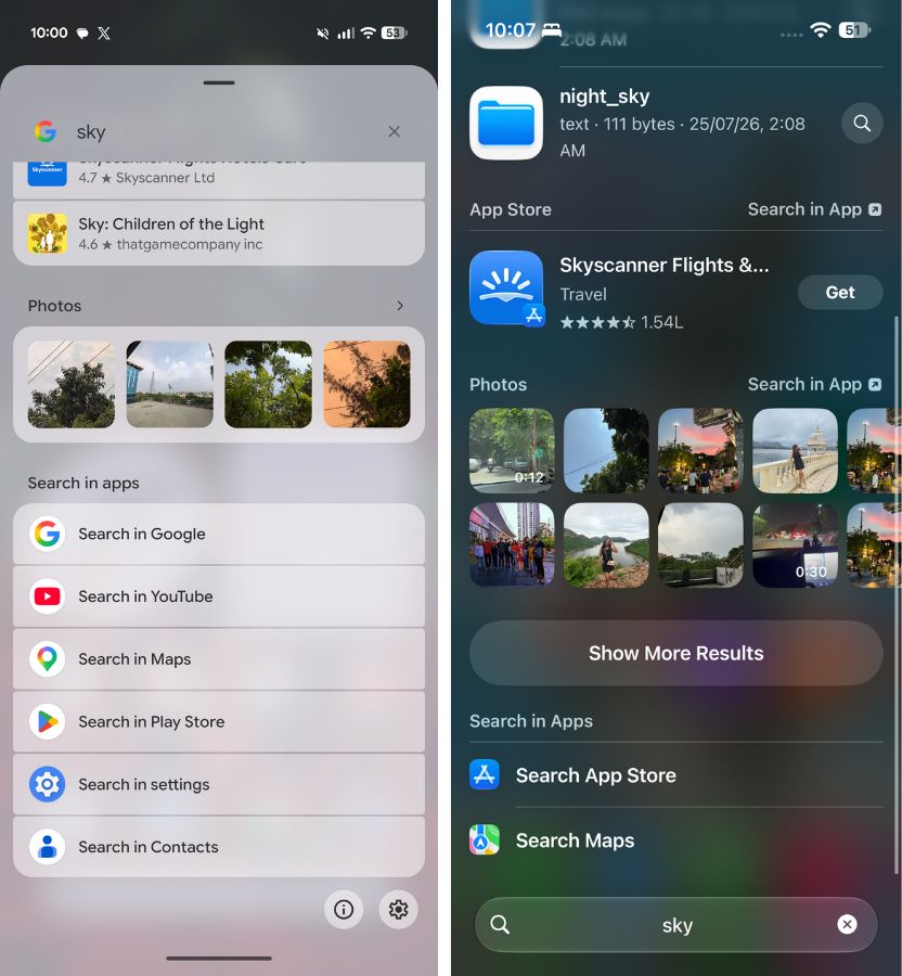 Pixel Search and Spotlight sky search results