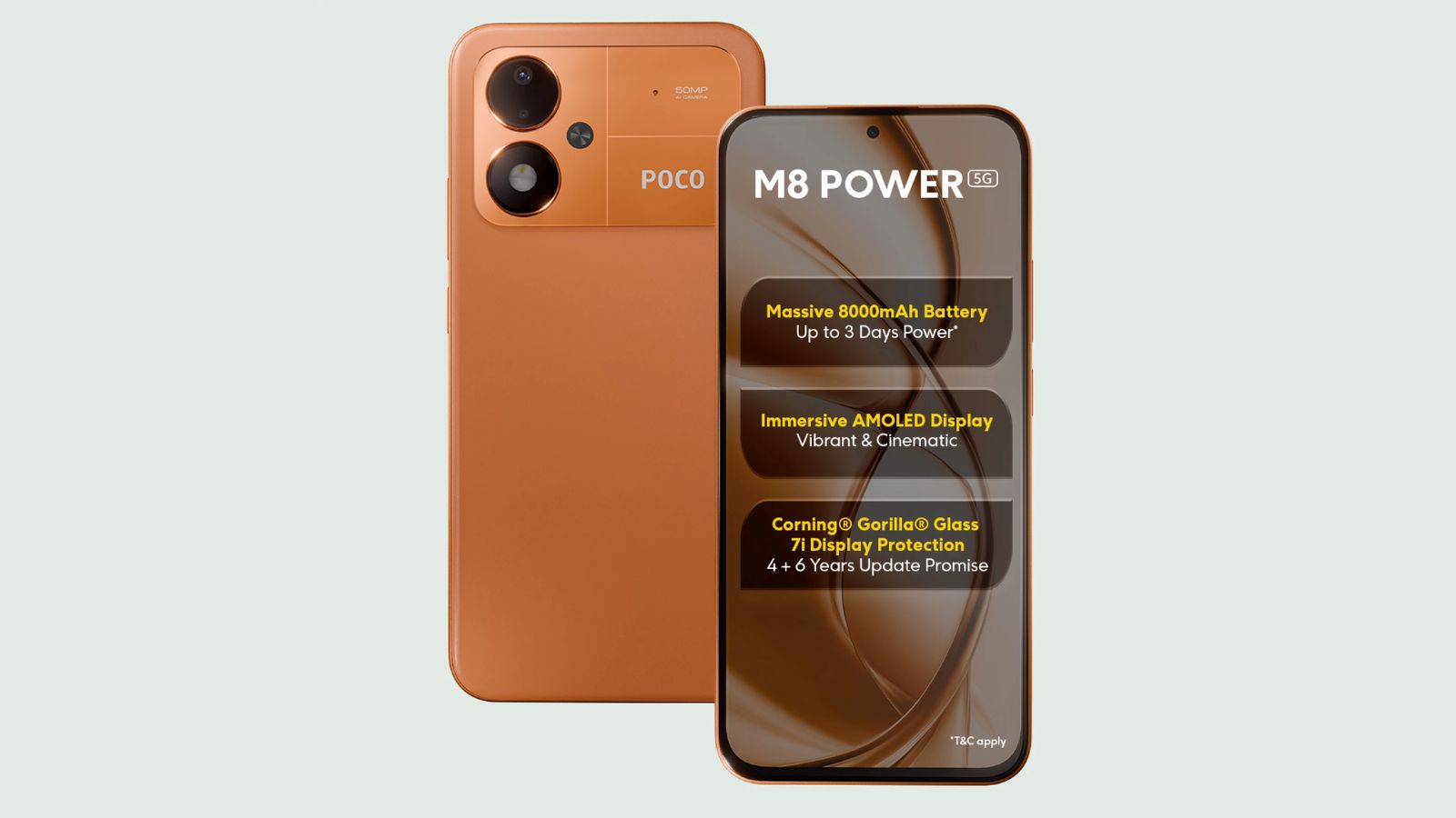 Poco M8 Power front and back design showcased in Blaze Orange