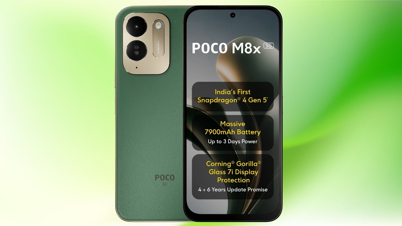 Poco M8x 5G green front and back design showcased