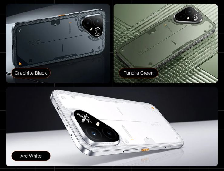 Pova 8 Pro Graphite Black, Tundra Green and Arc White colourways back design showcased Pova 8 Pro Graphite Black, Tundra Green and Arc White colourways back design showcased