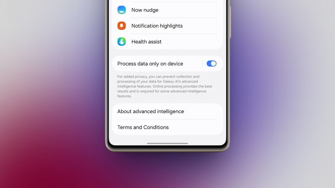 process data only on device setting enabled on a samsung phone