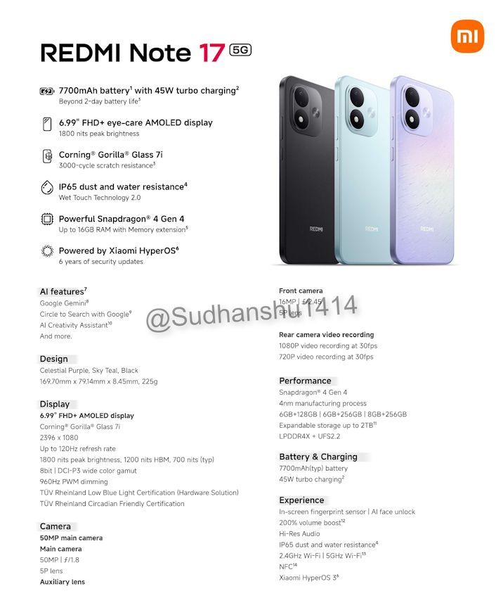 Redmi Note 17 5G global variant leaked specs sheet