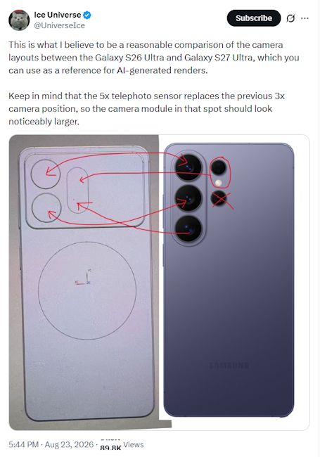 Galaxy S27 Ultra cameras breakdown in X post screenshot Galaxy S27 Ultra cameras breakdown in X post screenshot