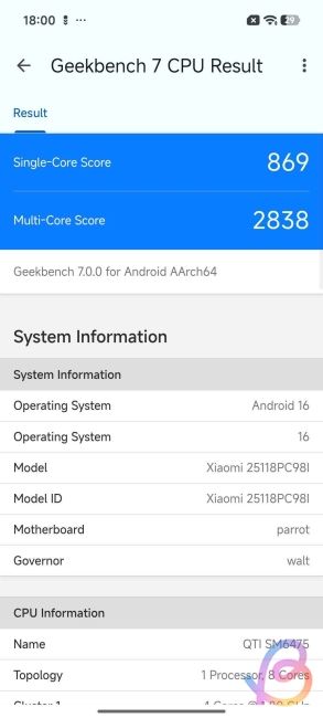 screenshot showing geekbench 7 score of snapdragon 6 gen 3 screenshot showing geekbench 7 score of snapdragon 6 gen 3