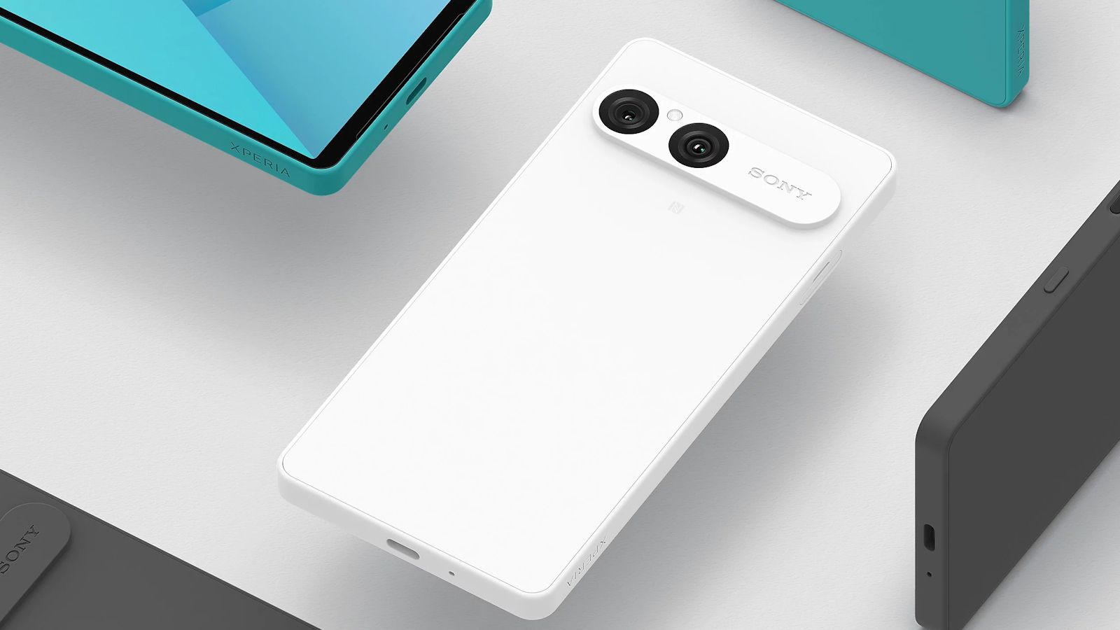 Sony Xperia 10 VII back design showcased in white colourway with other colour options surrounding it