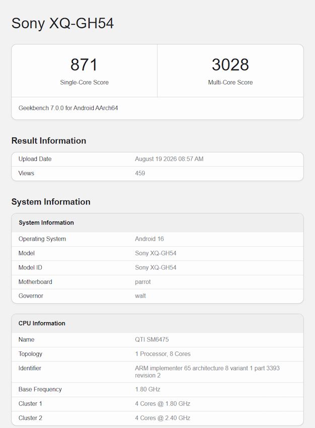 Sony Xperia 10 VIII Geekbench listing screenshot