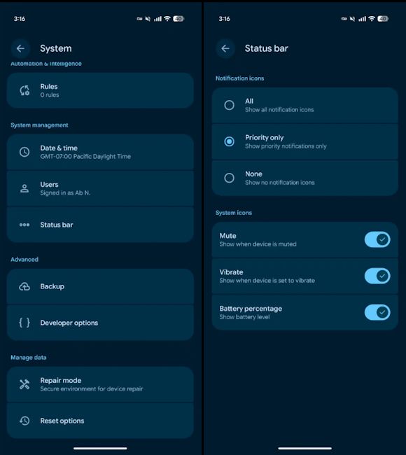 Status bar notification preference options Status bar notification preference options