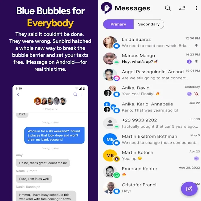 Sunbird Messaging let Android users send/receive iMessages, appearing with blue bubbles in iPhone conversations