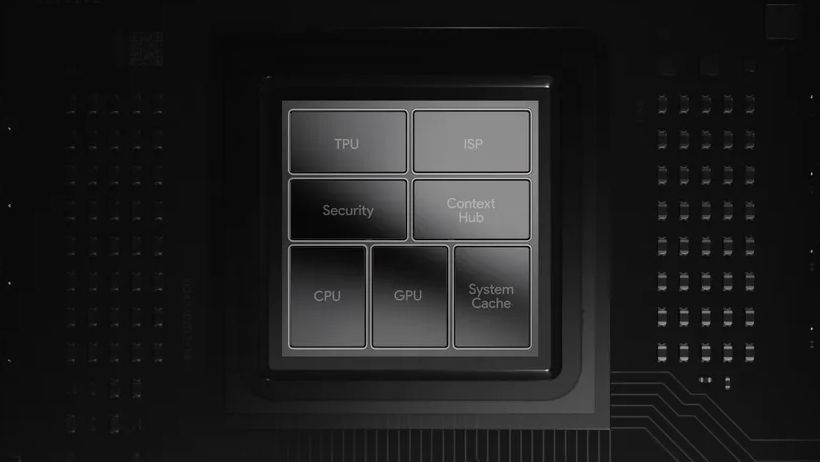 tensor chipset layout showing tpu, cpu, gpu, isp and other hardware units