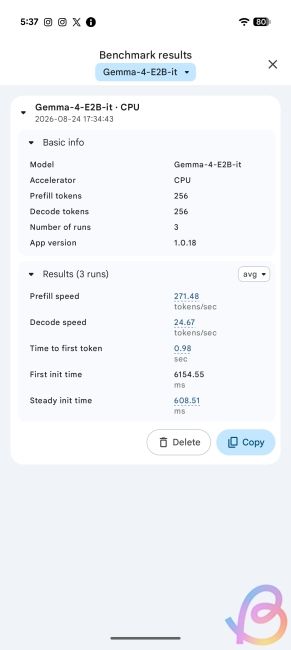 screenshot showing tensor g6 ai performance in google edge gallery app