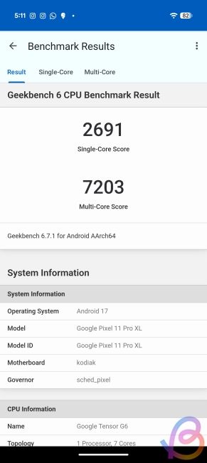 screenshot showing tensor g6 geekbench 6 score
