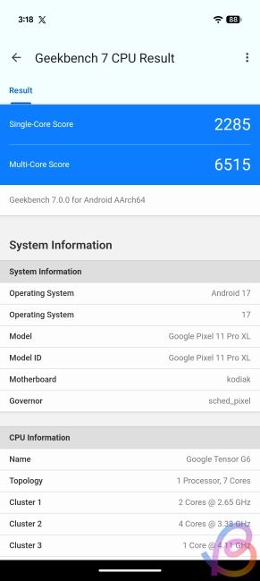 screenshot showing tensor g6 geekbench 7 score