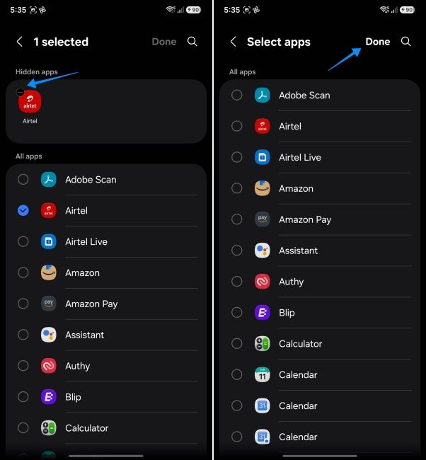 one ui screenshot from samsung phone showing how to unhide apps