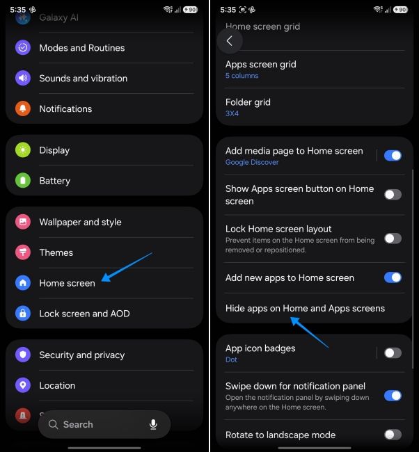 one ui screenshot from samsung phone showing how to open hide apps setting
