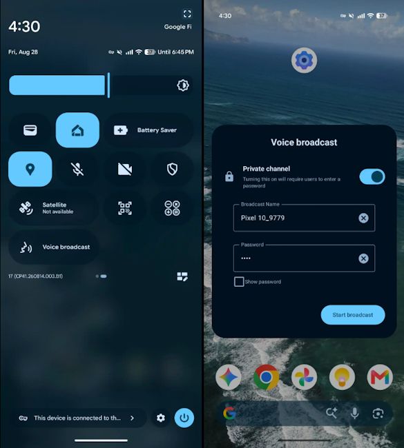 Voice Broadcast tile in quick settings on a Pixel phone Voice Broadcast tile in quick settings on a Pixel phone