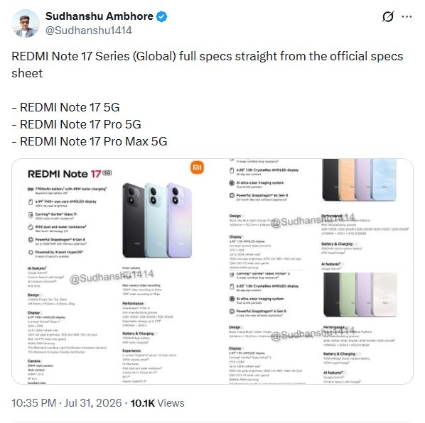 X post screenshot leaking the specs sheet of Redmi Note 17 series global variants