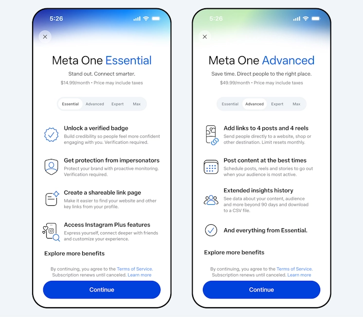 Meta One Essential and Advanced plans