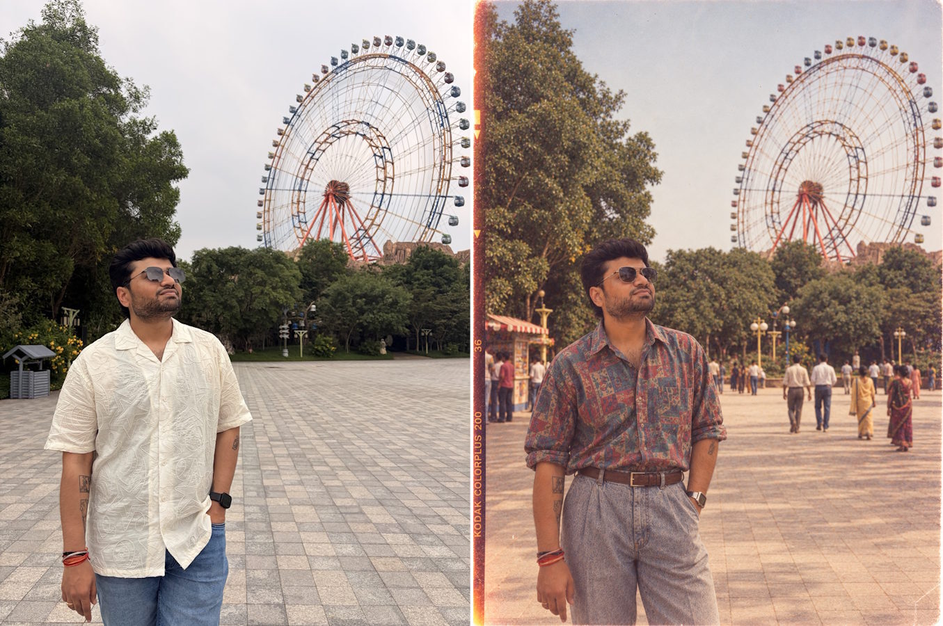 Original image of person is front of ferris wheel on left and 80s edited AI photo with chatgpt on the right Original image of person is front of ferris wheel on left and 80s edited AI photo with chatgpt on the right