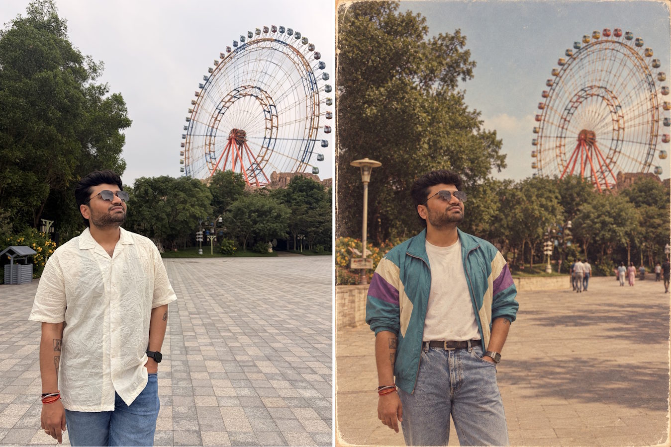 Original image of person is front of ferris wheel on left and 80s edited AI photo on the right Original image of person is front of ferris wheel on left and 80s edited AI photo on the right