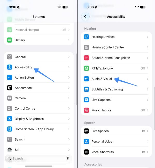 Accessibility menu in iOS settings and select Audio & Visual Accessibility menu in iOS settings and select Audio & Visual
