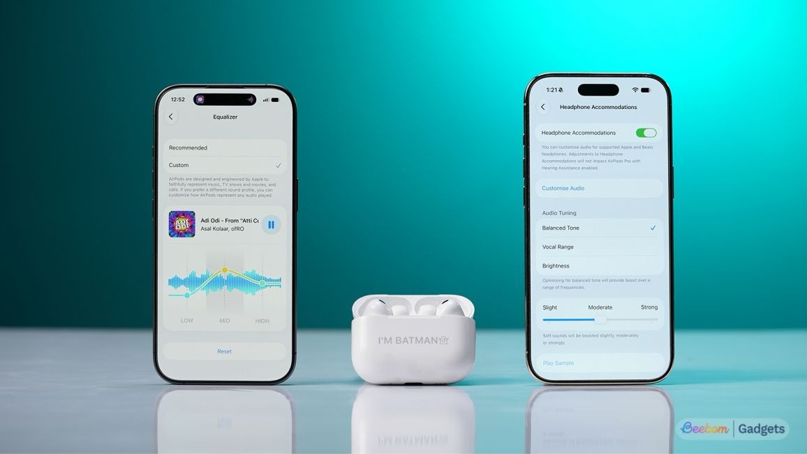 AirPods between two iPhones against a blue background AirPods between two iPhones against a blue background