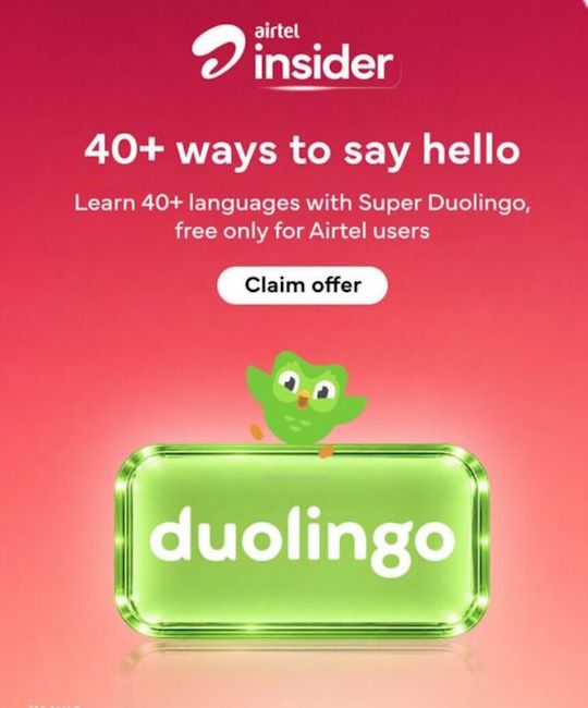 Airtel is offering Super Duolingo free for 12 months