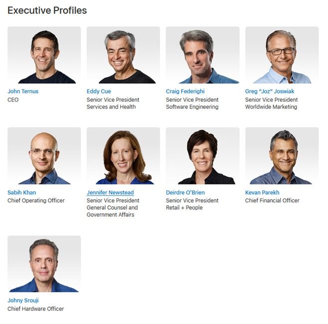 Apple Execitve profiles on its leadership page Apple Execitve profiles on its leadership page