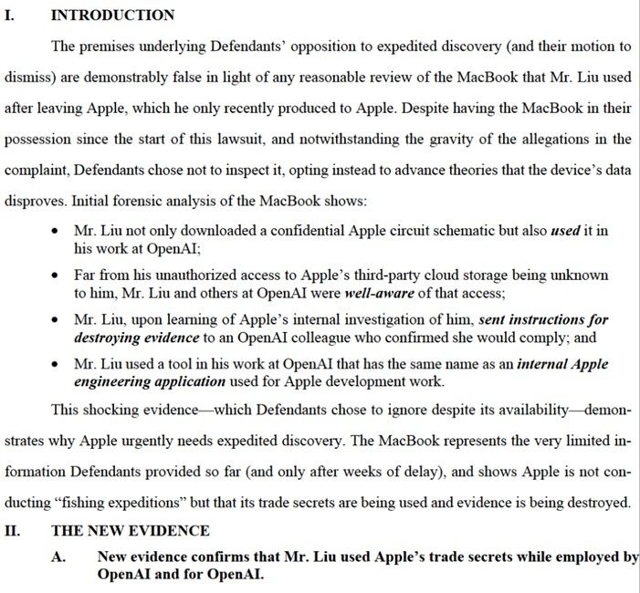 Apple alleging Liu of using confidential information at OpenAI in document Apple alleging Liu of using confidential information at OpenAI in document
