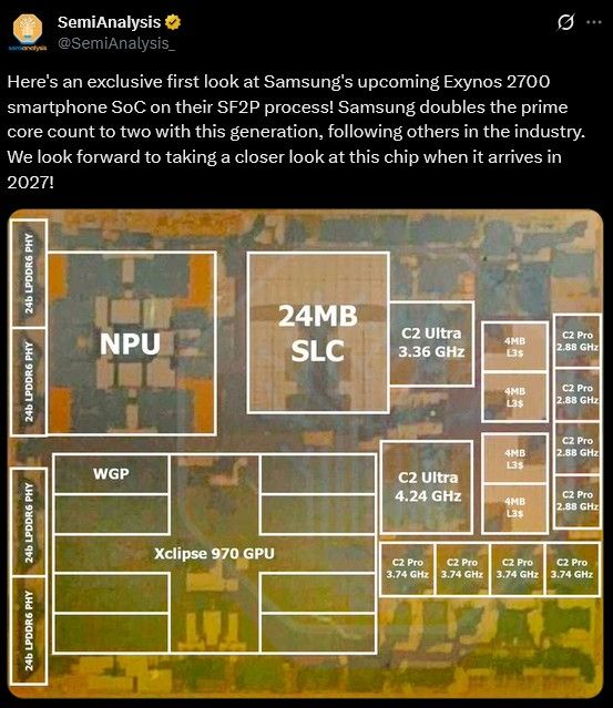 Exynos 2700 die layout in detail with NPU and Caches Exynos 2700 die layout in detail with NPU and Caches