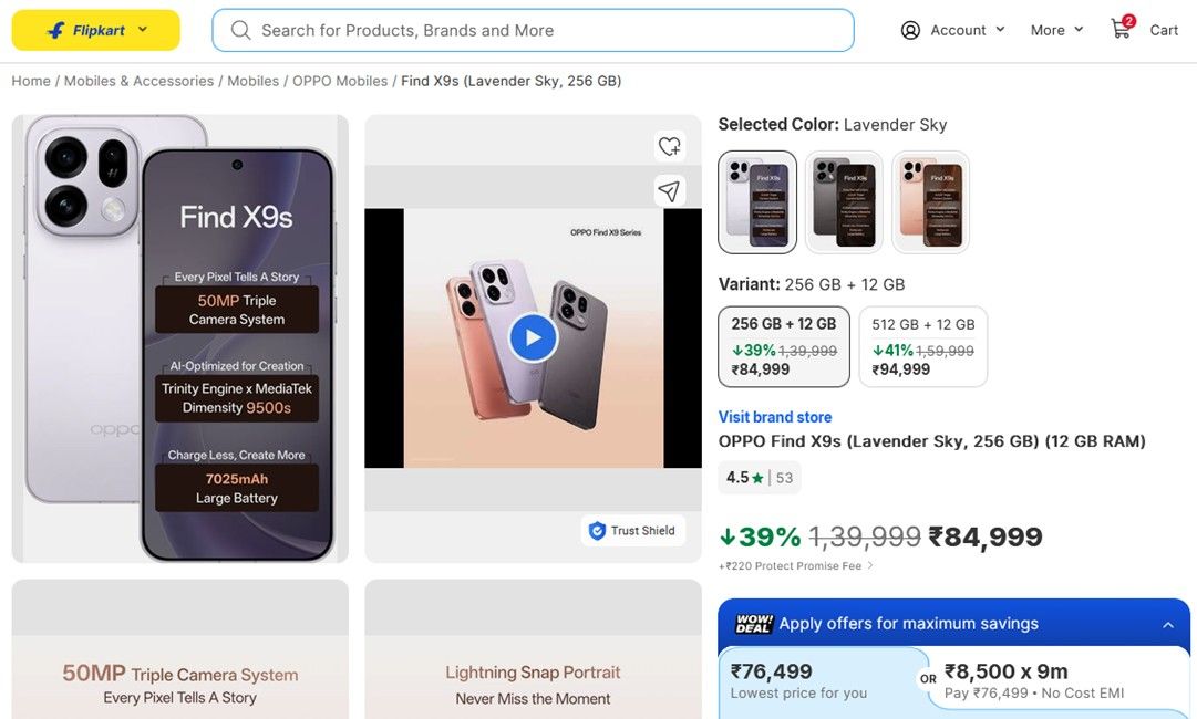 Oppo Find X9s Flipkart listing with price and storage variants