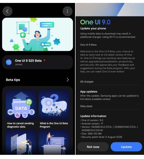 Samsung Galaxy S25 series update page with One UI 9 Beta 1 update